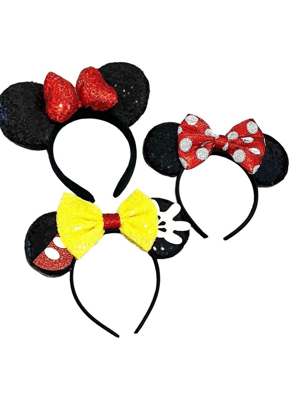 Disney Mickey & Minnie Mouse Ears Set of 3 Sparkling Mouse Ear With Bow Headband